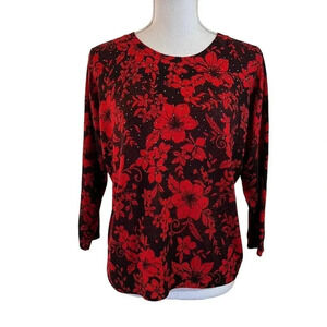 C.D. Petites Red Floral Blouse PL Rhinestone Studded Embellished 3/4 Sleeve Top